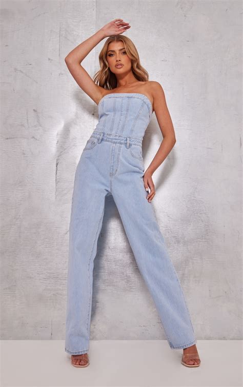 Light Blue Wash Bandeau Denim Jumpsuit Prettylittlething Ksa