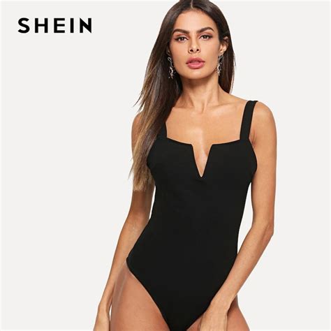 Shein Sexy Black V Cut Front Form Fitting Straps Mid Waist Sleeveless