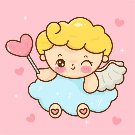 Cute Cupid Cartoon Valentine Angel And Heart Magic Wand Stock