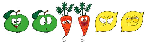 Funny Fruits Vegetables Apple Lemon And Carrot In Cartoon Style