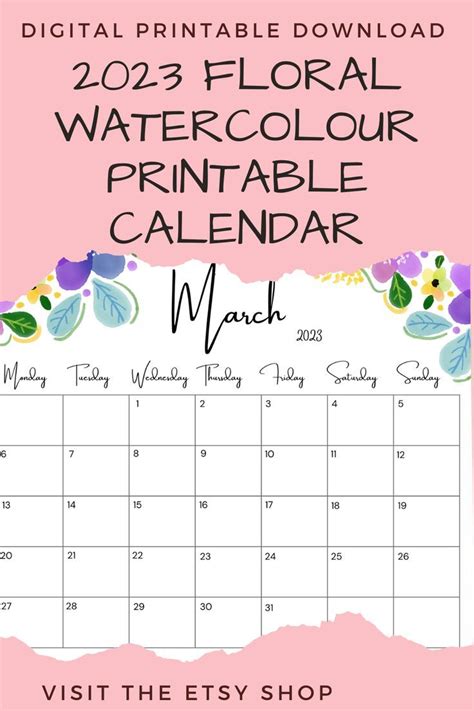 2023 Floral Watercolour Calendar Printable Download Annual Calendar