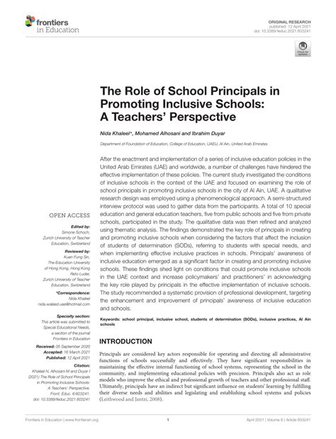 Pdf The Role Of School Principals In Promoting Inclusive Schools A