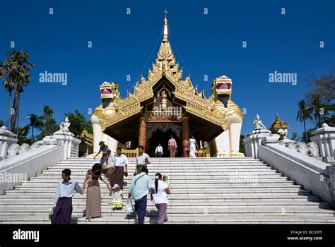 Shwedagon Paya Southern Entrance With 2 Guardian Chinthe Statues Half