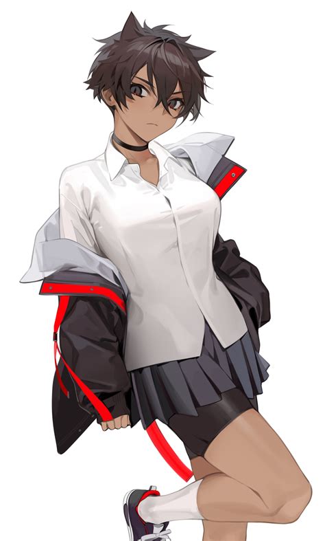 anime anime girls simple background original characters ohisashiburi vertical dark skin short