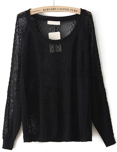 Black Long Sleeve Hollow Pullover Sweater Sheinsheinside