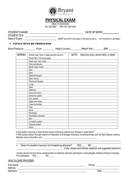 Bryant University Physical Exam Fill And Sign Printable Template