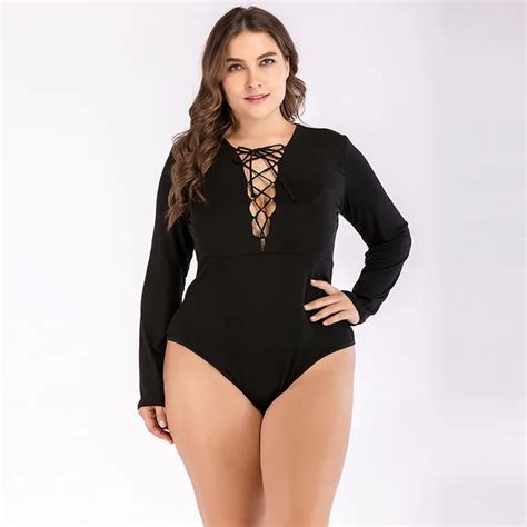 Plus Size Sexy Women Solid Color Bodysuit Front Lace Up V Neck Long Sleeve Playsuit Overall Lady