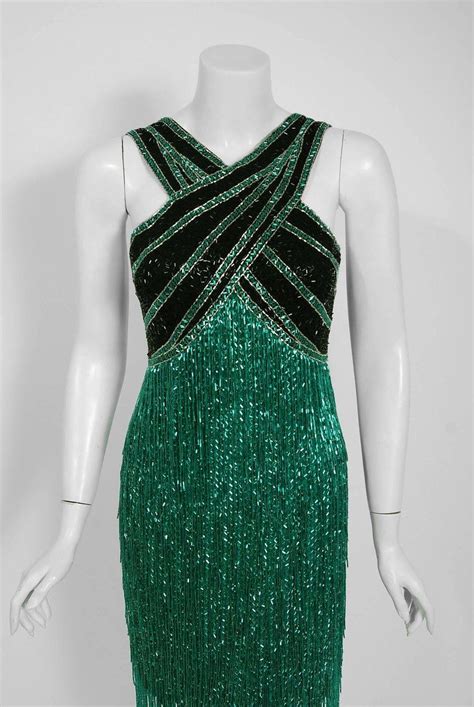 Vintage 1979 Bob Mackie Couture Teal And Black Beaded Fringe Backless