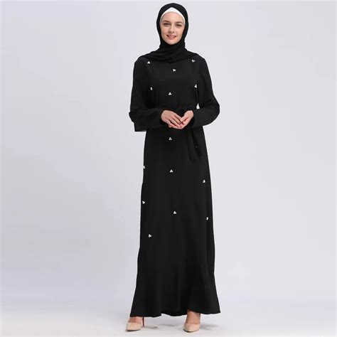 2019 black dubai muslim long dress qatar uae islamic arabic pearls hijab dress abayas for women