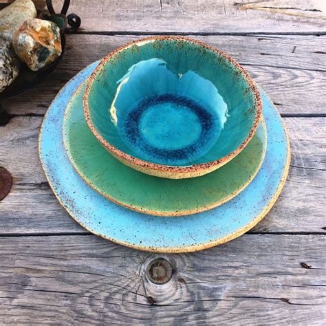Dinner Plate Set Of 6 Turquoise Large Lightweight Ceramic Etsy