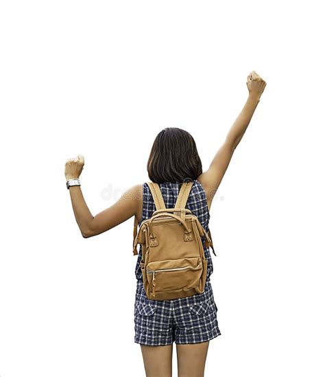 The Image Behind The Woman Raise Their Arms And Shoulder Backpack On A