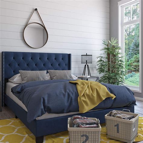 Prices May Vary Queen Size Panel Bed Frame In Blue Faux Velvet Fabric