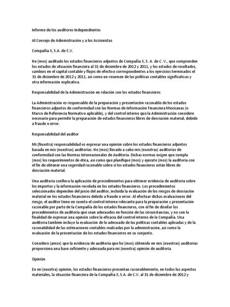 Informe De Los Auditores Independientes Pdf Auditoría Contralor
