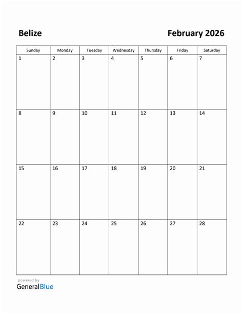 Free Printable February 2026 Calendar For Belize