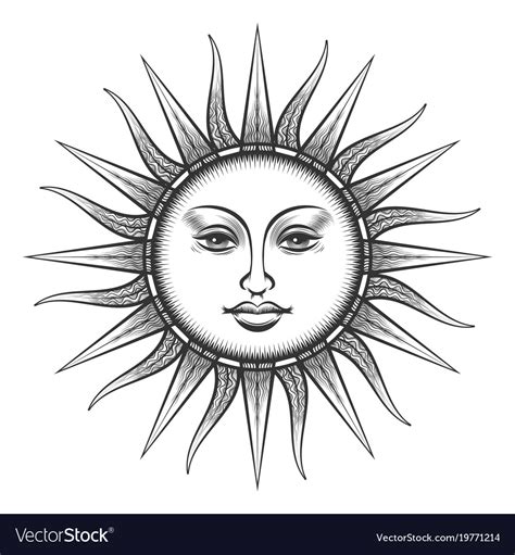 Engraved Sun Antique Face Symbol Royalty Free Vector Image
