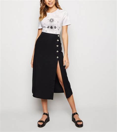 Black Linen Blend Button Front Midi Skirt New Look Midi Skirt