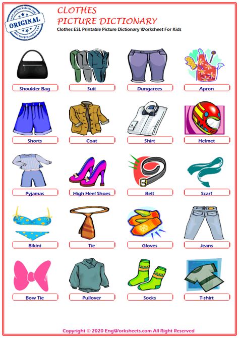 Clothes Printable English Esl Vocabulary Worksheets 1 Engworksheets