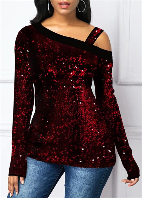 Sequin Embellished One Cold Shoulder Long Sleeve T Shirt Long Sleeve