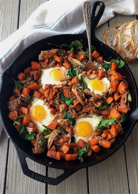 Pulled Pork Sweet Potato And Spinach Hash Pickled And Poached