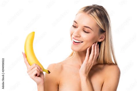 Beautiful Smiling Naked Woman Holding Banana Isolated On White Stock