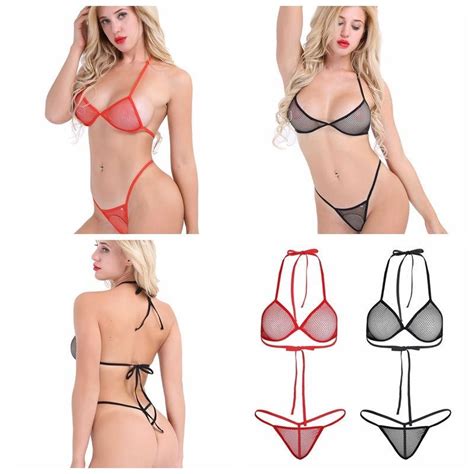 Cheap Womens 2pcs Sheer Fishnet Sexy Bikini Swimwear Halter Bra G