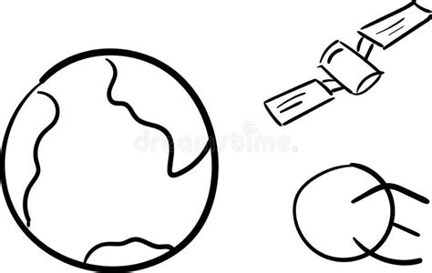 Planet Earth And Satellites Hand Drawn In One Stroke Style Vector