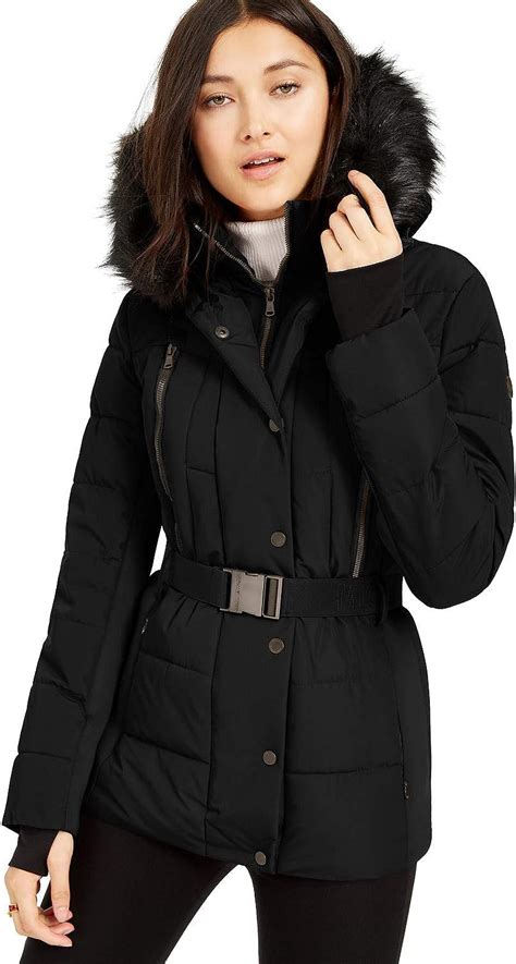 Amazon Michael Michael Kors Women S Logo Belted Hood Faux Fur Trim Puffer Coat Black Clothing