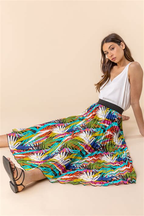 Tropical Leaf Print Pleated Maxi Skirt In Multi Roman Originals Uk