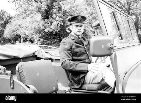 Handsome American Wwii Gi Army Officer In Uniform Riding Willy Jeep