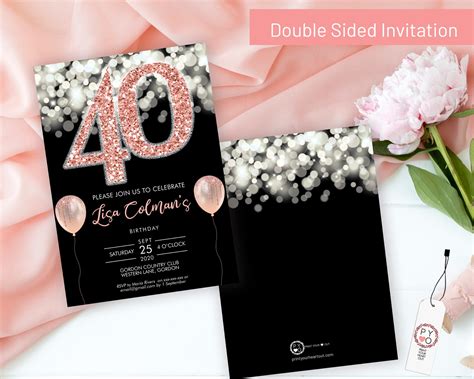 Diy 40th Birthday Rose Gold Glitter Confetti Invitation Printable
