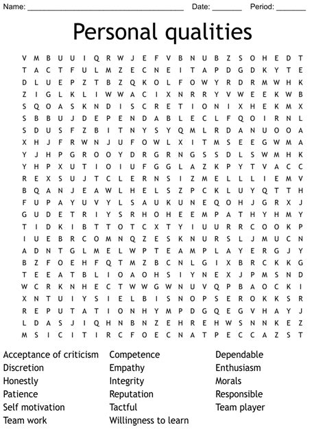 Personal Qualities Word Search Wordmint