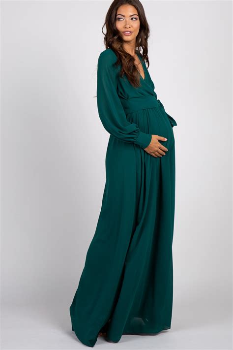 Green Chiffon Long Sleeve Pleated Maternity Maxi Dress Pinkblush