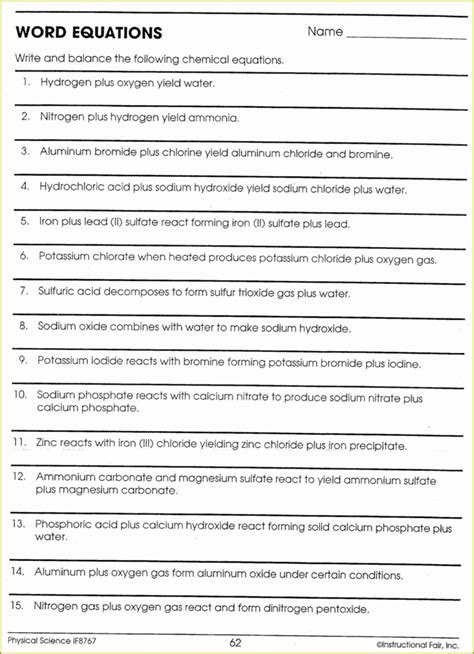 Writing Chemical Equations From Word Equations Worksheet Answers