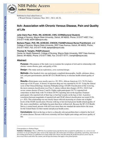 Pdf Itch Association With Chronic Venous Disease Pain And Quality