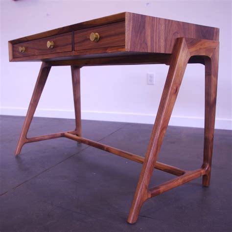 A Midcentury Inspired Solid Walnut Writing Desk With Hand Made Brass