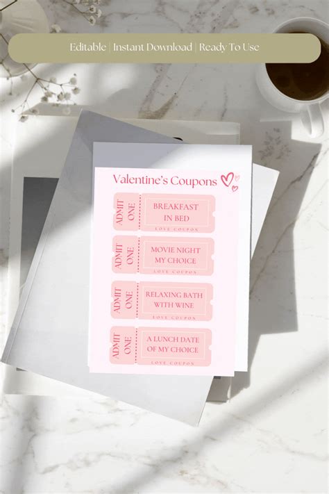 Valentines Coupons On Top Of A Table Next To A Cup Of Coffee