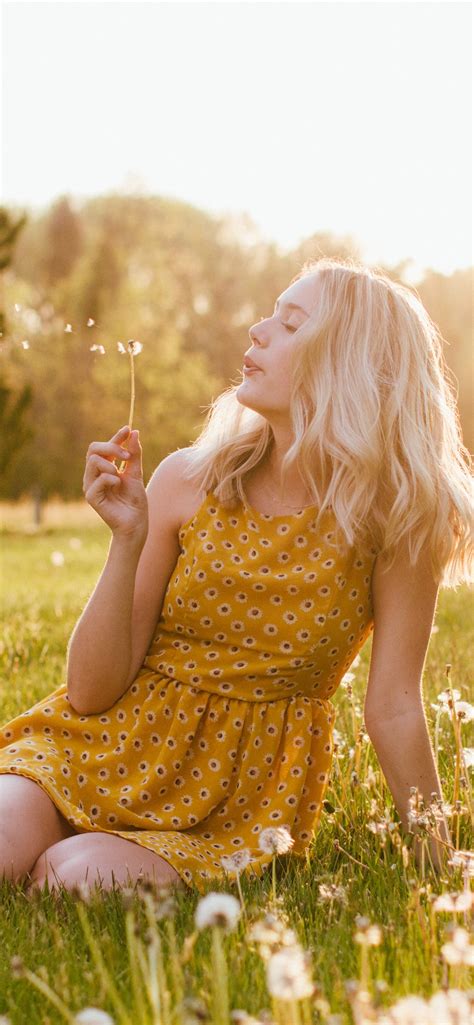 Wallpaper Blonde Girl Play Dandelion Meadow Summer Sunshine