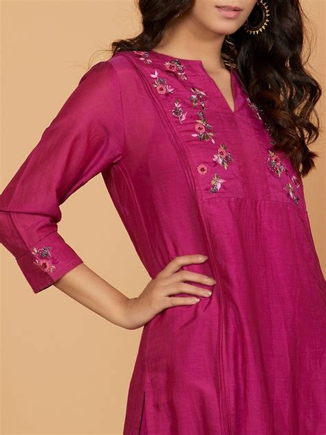 Buy Pink Embroidered Cotton Silk Kurta With Slip Online At Theloom