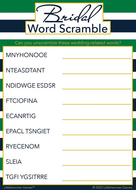 Bridal Word Scramble Green And Navy Striped Printable Game Cards