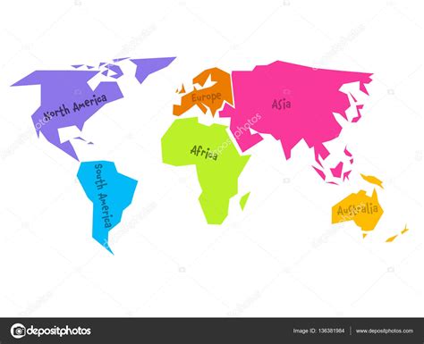 Mapa Do Mundo Simplificado Dividido Em Seis Continentes Em Cores