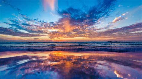 Beautiful Ocean Sky Sunset Beach With Reflection On Body Of Water 4k Hd