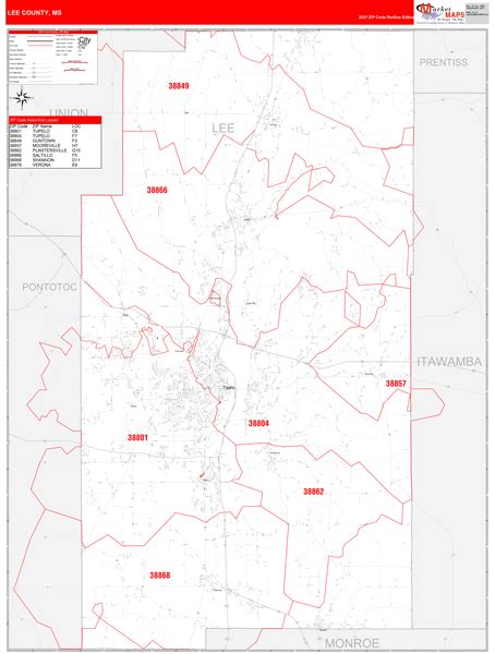 Lee County Ms Zip Code Wall Map Red Line Style By Marketmaps