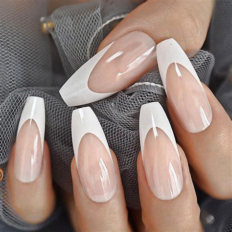 White French Tip Press On Nails Long Coffin Nails Acrylic Etsy Norway