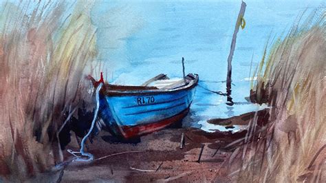 Watercolor Painting Of A Boat By Seashore Youtube