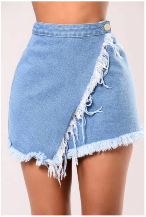 Ladies Vintage Ripped Womens Mini Skirt Tassels High Waisted Stonewash