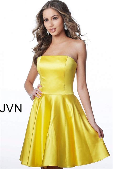 Yellow Satin Strapless Fit And Flare Short Cocktail Dress Jvn Yellowdress Satin Homecoming