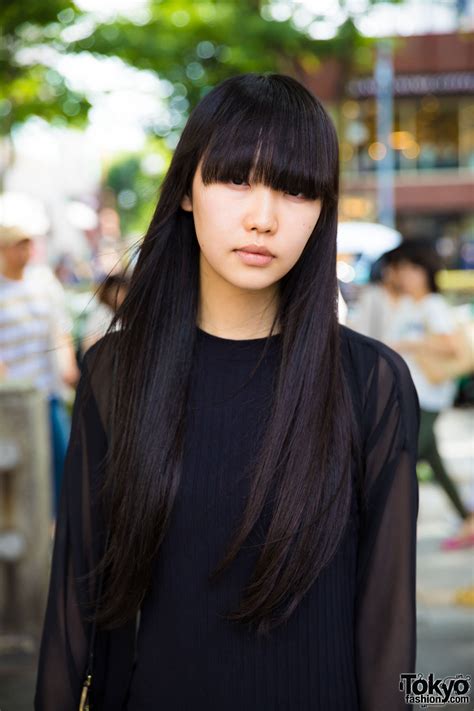 Japanese Fashion Model’s All Black Minimalist Fashion And Long Hair In Harajuku Tokyo Fashion