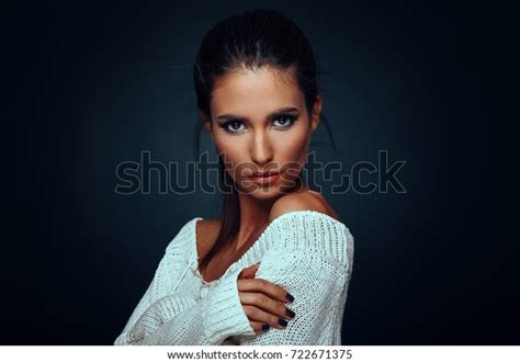 Beautiful Woman White Sweater Posing Studio Stock Photo 722671375