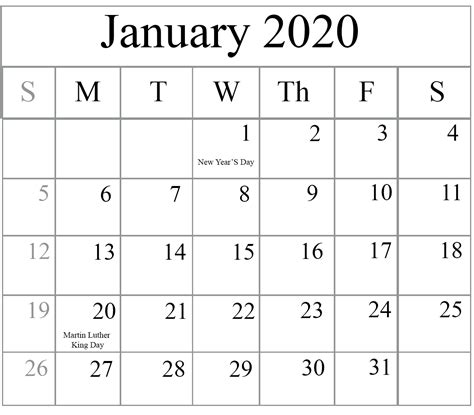 January 2020 Calendar With Holidays Usa Calendar Template Printable