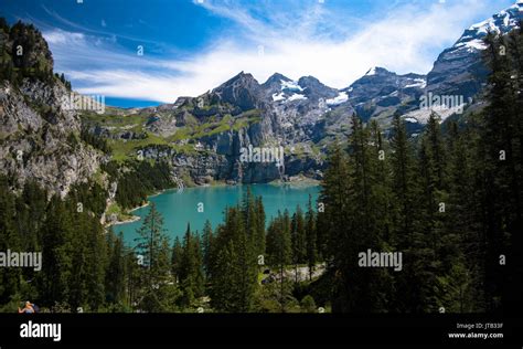 Stunning View To The Lake Oeschinen In Switzerland Stock Photo Alamy